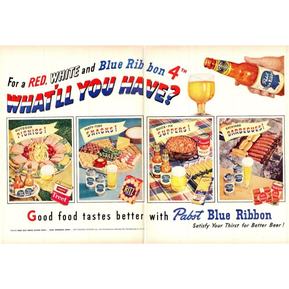 1952 Pabst Blue Ribbon PBR Beer 2 Page bpa 4th of July Independence Day Wall Art